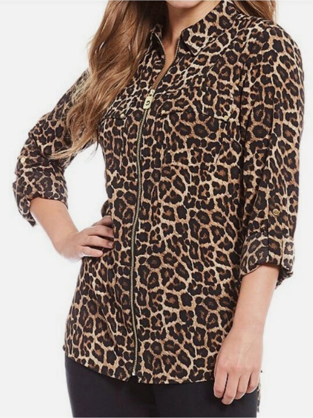 Michael Kors Leopard-Print Zip Blouse in Brown and Black